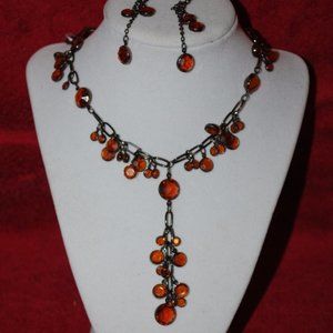 Jeweled amber Lariat adjustable necklace/earring set